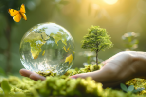 Earth globe cradled by hands with a young tree, butterfly nearby, symbolizing environmental protection.
