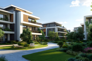 Modern low-rise apartment buildings surround a landscaped courtyard with trees, shrubs, and a curved stone walkway.