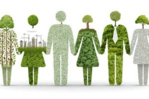 Group of tree-made human figures holding hands, with a city skyline and wind turbines in the background, symbolizing environmental unity.