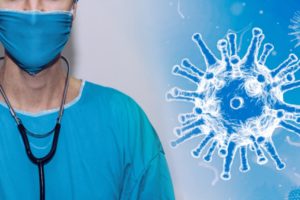 Healthcare worker in blue scrubs wearing a mask and stethoscope beside a stylized virus illustration on the right.