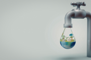 Faucet dripping into a glass drop that contains a tiny village and trees, symbolizing environmental water conservation
