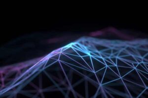 Abstract 3D lattice of glowing blue and purple lines representing a digital network.